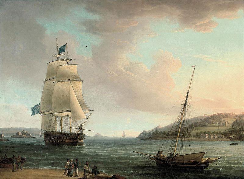 Thomas Whitcombe A crowded flagship of an Admiral of the Blue passing Mount Edgcumbe as she closes into port at Plymouth oil painting picture